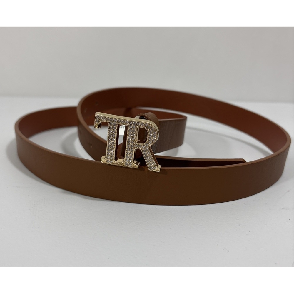 True Religion Women's 1X Plus Cognac Brown Monogram Buckle Rhinestone Belt